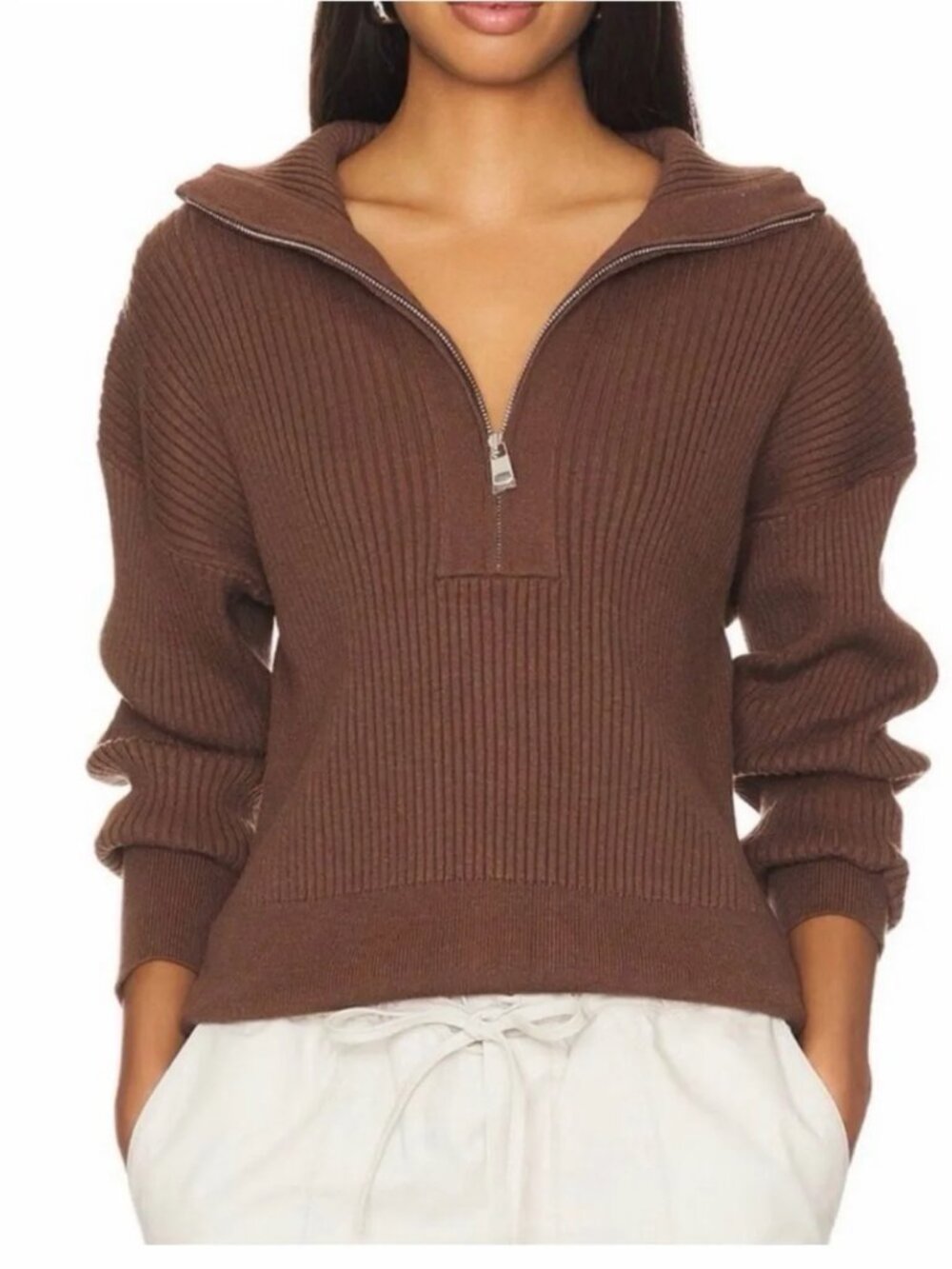 Varley Mentone Brown Chunky Rib Knit Half-Zip Cropped Pullover Sweater Size L